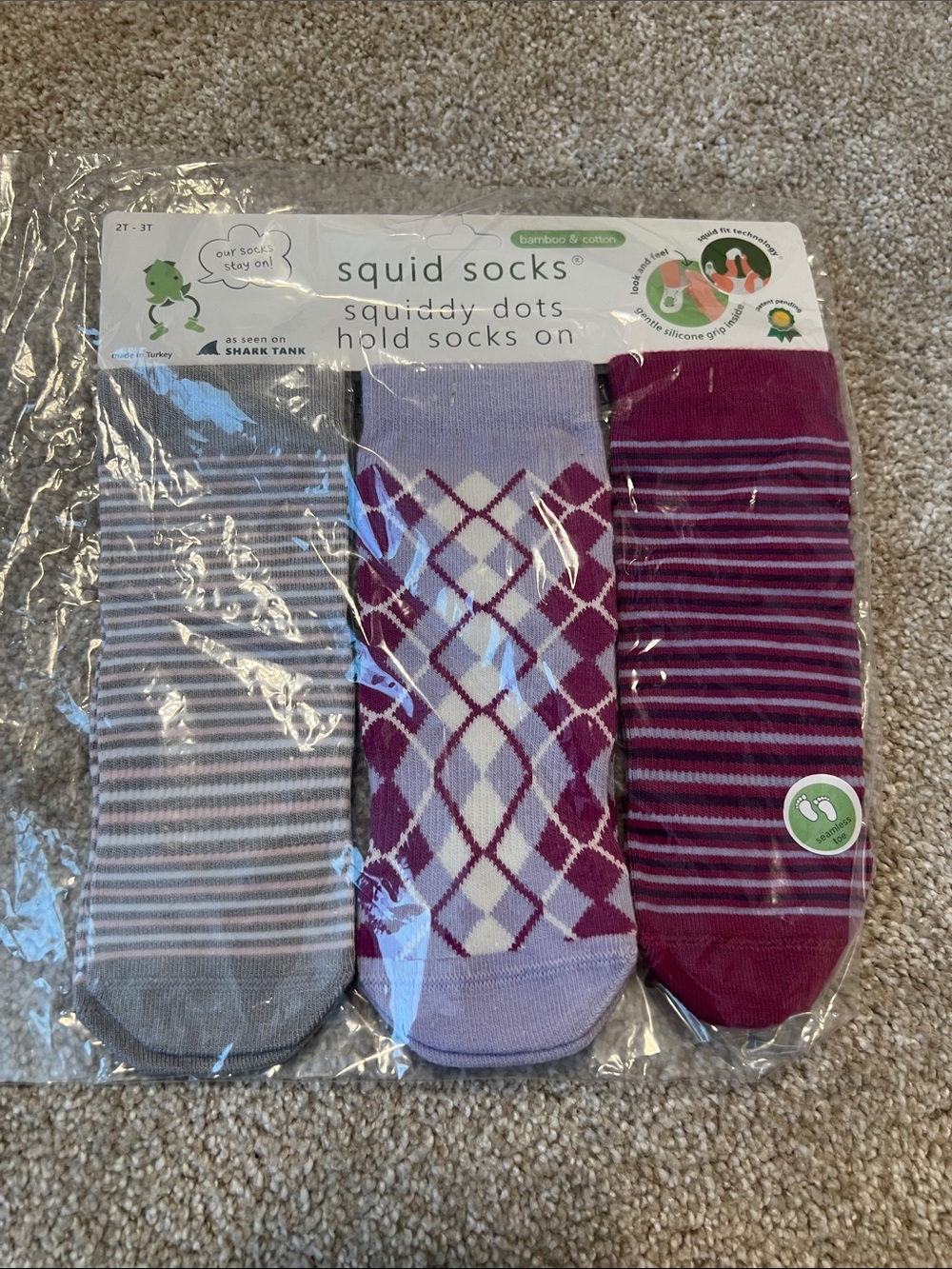 Girls' Purple & Gray 3-Pack Non-Slip Patterned Socks